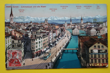 Ansichtskarte AK Zürich / Limmatquai / 1912 / Straßenbahn – Geäude – Straßenansicht